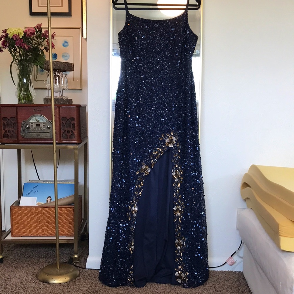 Sequin navy/gold prom black tie dress 14/16 XL
